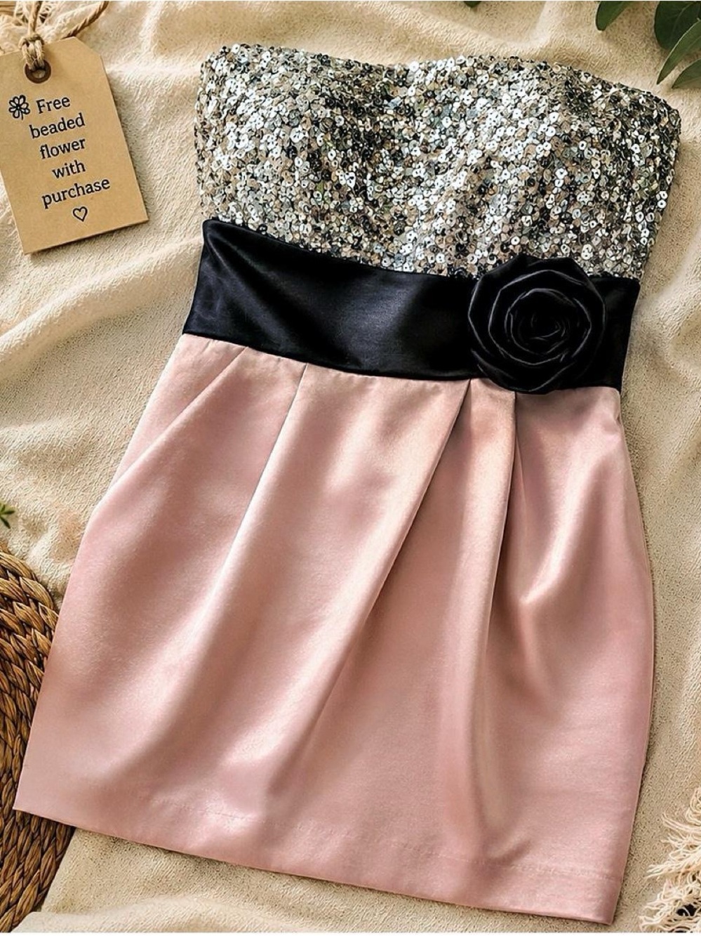 Speechless Sequin Bodice Pink Satin Strapless Dress with Black Sash